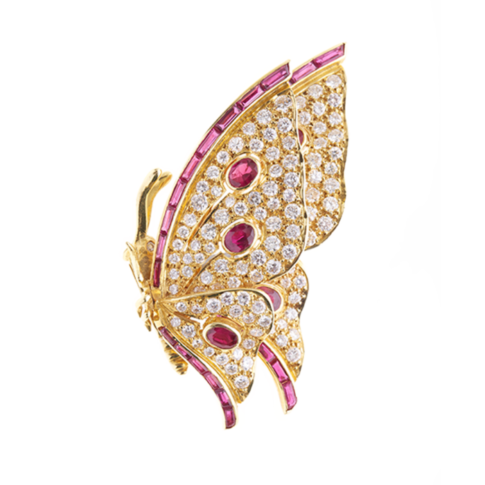 Broche Mariposa de oro amarillo, diamantes y rubíes