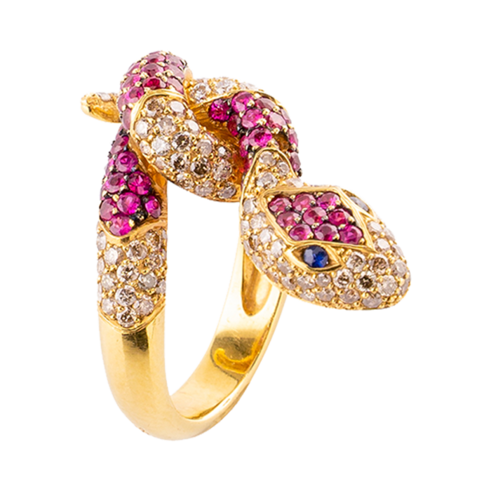 Sortija Serpiente en Oro amarillo, diamantes, rubíes y zafiros