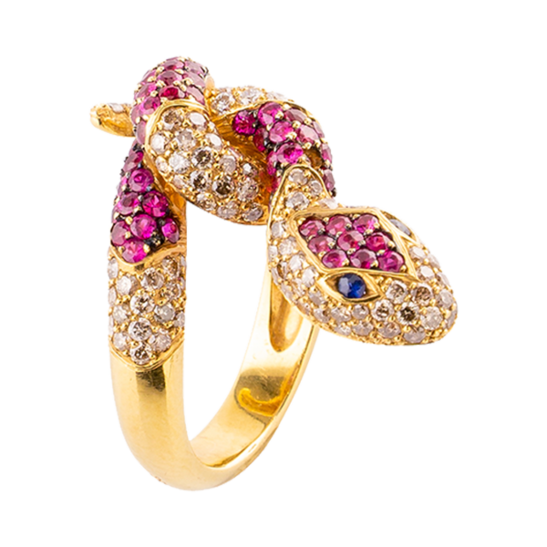 Sortija Serpiente en Oro amarillo, diamantes, rubíes y zafiros