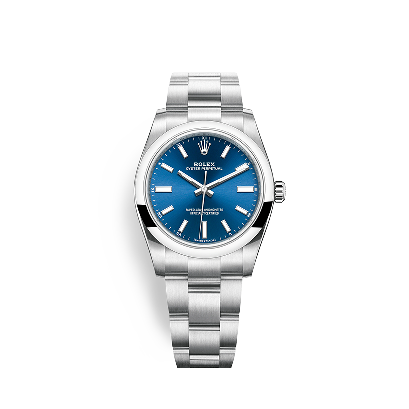 Rolex Oyster Perpetual 34 Oystersteel blue dial in Grassy