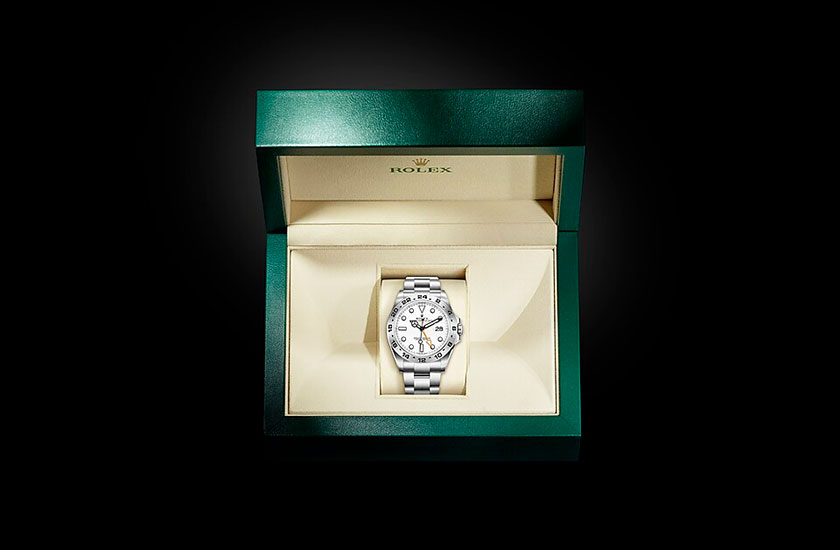 Estuche reloj Rolex Explorer II de acero Oystersteel y esfera blanca en Grassy