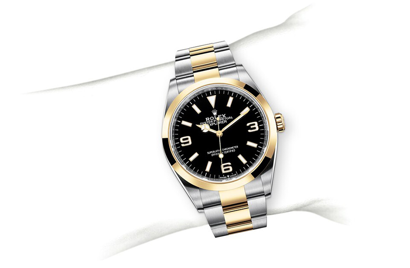 Simulation wrist Rolex watch Explorer Oystersteel, yellow gold and Black Dial in Grassy