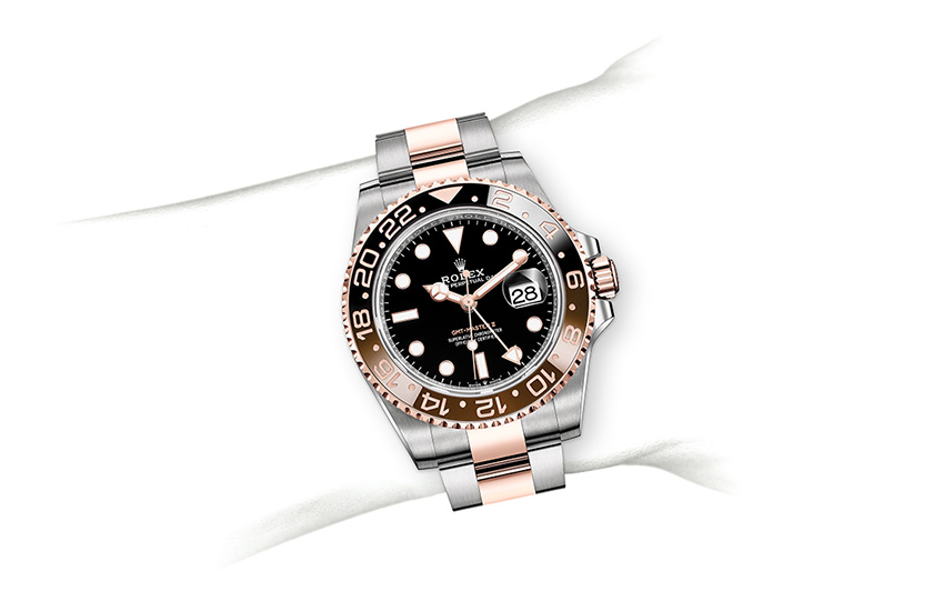 Simulation wrist Rolex watch GMT-Master II Oystersteel, Everose gold and Black Dial in Grassy